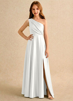 Azazie Puddles Girls Formal Blumenmädchenkleider A-Linie One-Shoulder Stretch-Satin Kleid Weiß image1