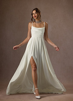 Azazie Caymus Wedding Dresses Cream A-Line Scoop Pleated Crepe Back Satin Dress image5