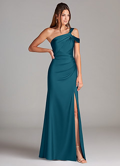 Azazie Wynter Jurken voor bruidsmeisjes Jurk van Stretch Satijn met Kolom Off the Shoulder Inkt Blauw image4
