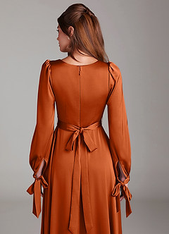 Azazie Leonia Bridesmaid Dresses Burnt Orange A-Line Long Sleeve Stretch Satin Dress image7