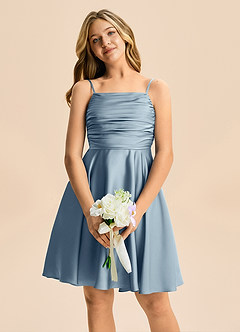 Azazie Miko Junior Dusty Blue A-Line Pleated Stretch Satin Dress image6