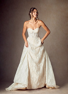 Azazie Meadow Wedding Dresses Diamond White Nude Ball-Gown Strapless Floral Burnout Jacquard Dress image5
