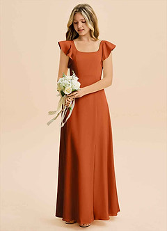 Azazie Bondi Junior Robe Trapèze en Satin extensible Fente Latérale Orange Brûlée image5