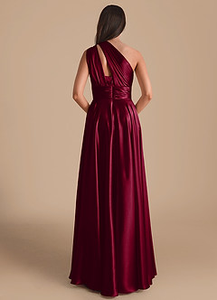 Azazie Charlize Bridesmaid Dresses Burgundy A-Line One Shoulder Metallic Satin Dress image2