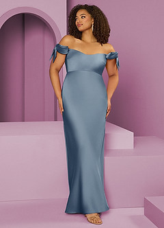 Barbie ♥ Azazie Bridesmaid Dresses Dusty Blue Sheath Off the Shoulder Stretch Satin Convertible Dress image8