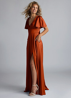 Azazie Kimber Bridesmaid Dresses Paprika A-Line Ruched Stretch Satin Dress image6