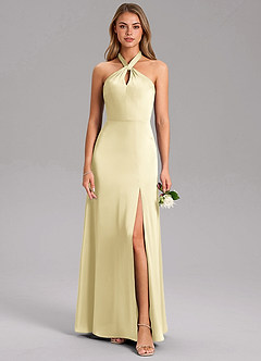 Azazie Tracie Robes de demoiselle d'honneur Robe Trapèze en Satin extensible Fente Latérale Sorbet Citron image3