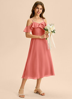 Azazie Kamilla Junior A-Linie Schulterfrei Chiffon Kleid Lachsrosa image5