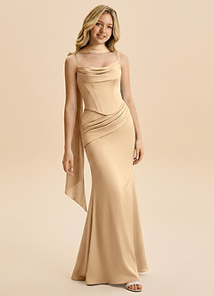 Azazie Sorrel Junior Robe Trapèze en Satin extensible Rayé Champagne image1