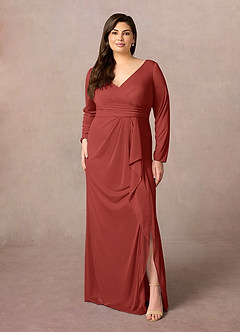 Azazie Risa Mother of the Bride Dresses Terracotta Mermaid V-Neck Pleated Mesh Dress image6