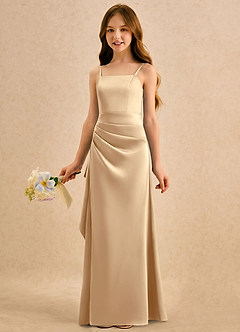 Azazie Cannoli Girls Formal Abiti da Ragazza di Fiori Abito A-Line in Raso Elasticizzato Plissettato Champagne image3