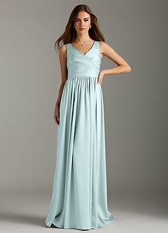 Azazie Keyla Bridesmaid Dresses Sea Glass A-Line Pleated Stretch Satin Dress image3