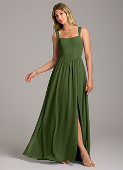 Azazie Rosaline Bridesmaid Dresses Olive A-Line Side Slit Chiffon Dress image1