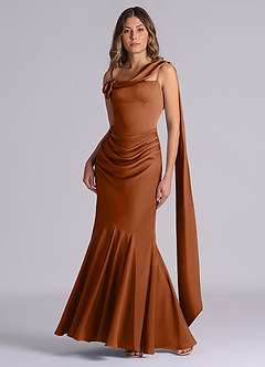 Azazie Inara Suknie dla druhen Syrena Pofałdowany Satyna elastyczna Do ziemi Sukienka image4