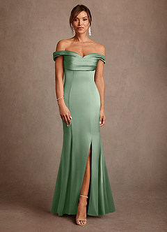 Azazie Boone Mother of the Bride Dresses Matcha Mermaid Off the Shoulder Stretch Satin Dress image2