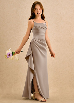 Azazie Cannoli Girls Formal Flower Girl Dresses Taupe A-Line Pleated Stretch Satin Dress image1