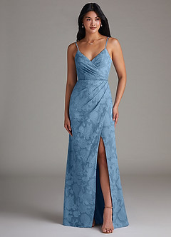 Azazie Maci Bridesmaid Dresses Steel Blue Sheath Pleated Floral Burnout Dress image4