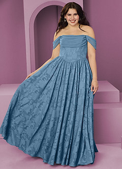 Barbie ♥ Azazie Robes de demoiselle d'honneur Robe Trapèze Convertible en Blumen-Burnout Épaule décolletée Acier Bleuté image7