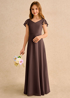 Azazie Nari Girls Formal Flower Girl Dresses Ganache A-Line with Sleeves Chiffon Dress image4