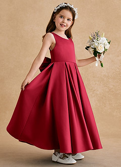 Azazie Honey Bear Flower Girl Dresses Scarlet A-Line Pleated Matte Satin Dress image5