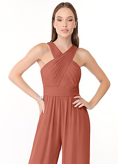 Azazie Berdie Brudtärnklänningar Jumpsuit av i Chiffong V-ringad plisserad halare image5