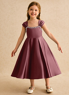 Azazie Yosemite Robe Demoiselle D'honneur Fillette Robe Princesse en Mat Satiné Encolure en Forme de Cœur Rose Du Désert image3