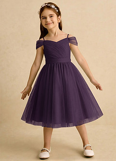 Azazie Lila Girls Formal Robe Demoiselle D'honneur Fillette Robe Trapèze en Tulle Épaule décolletée Prune image3