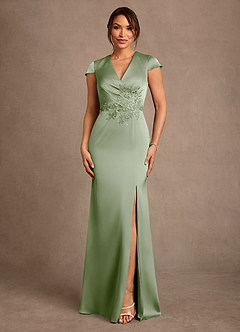 Azazie Rilda At-home Try On Dresses Dusty Sage Sheath Lace Stretch Satin Dress image1