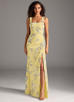 Azazie Jesaphine Robes de demoiselle d'honneur Robe Fourreau en Mousseline de soie Arc Sorbet Au Citron,Fleurs Du Nouvel An image3