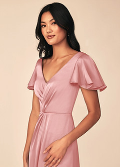 Azazie Soren Robes de demoiselle d'honneur Robe Trapèze en Satin extensible Plissée Rose Poudré image14