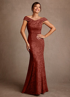 Azazie Aberdeen Mother of the Bride Dresses Terracotta Sheath Pleated Floral Burnout Dress image1