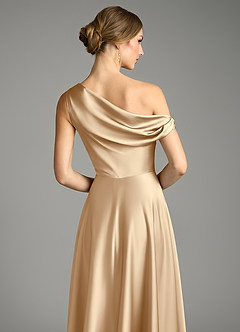 Azazie Xanthe Bridesmaid Dresses Champagne A-Line Off the Shoulder Stretch Satin Dress image6