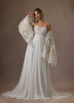 Azazie Rhya Vestidos de novia Vestido de Blanco Diamante Nude de Encaje de Corte en A con Vestidos sin tirantes image4