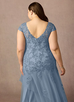 Azazie Romy vestidos de madre de la novia Vestido de Azul Polvoriento de Tul de Sirena con Cuello en V Lentejuelas image12