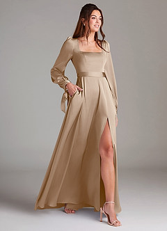 Azazie Leonia Brautjungfernkleider A-Linie Langarm Stretch-Satin Kleid Taupe image4