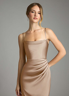 Azazie Leonis Bridesmaid Dresses Taupe Mermaid Pleated Stretch Satin Convertible Dress image3