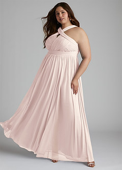 Azazie Hillian Vestidos de damas de honor Vestido de Pétalo De Rosa de Malla de Corte en A con Halter Plisado image11