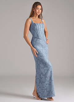 Azazie Kenna Bridesmaid Dresses Dusty Blue Sheath Side Slit Floral Burnout Dress image4