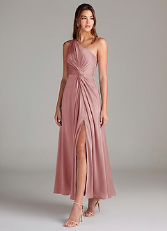 Azazie Brooke 신부 들러리 드레스 A라인 한쪽 어깨 스트레치 새틴 발목 길이 드레스 image3