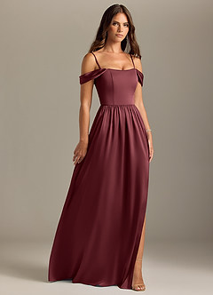 Azazie Calianna Bridesmaid Dresses Merlot A-Line Off the Shoulder Stretch Satin Convertible Dress image7