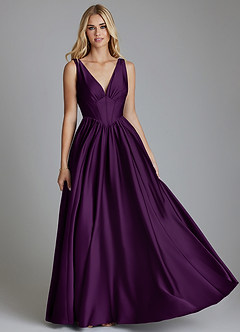 Azazie Delmie Vestidos de madrinha de casamento Vestido Uva de Cetim elástico de Linha A com Espartilho image1