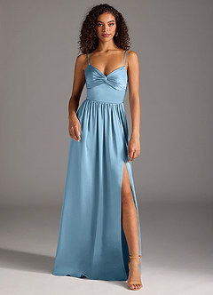 Azazie Zeya Bridesmaid Dresses Steel Blue A-Line Pleated Stretch Satin Dress image2