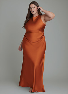 Azazie Evadne Bridesmaid Dresses Cinnamon Sheath Pleated Stretch Satin Dress image11