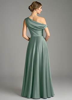 Azazie Xanthe Bridesmaid Dresses Silver Sage A-Line Off the Shoulder Stretch Satin Dress image2