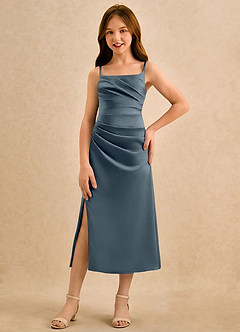 Azazie Canna Girls Formal Sukienki dla dziewczynek sypiących kwiaty Linia A Pofałdowany Satyna elastyczna Długość herbaty Sukienka image4