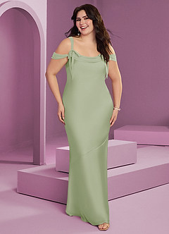 Barbie ♥ Azazie Jurken voor bruidsmeisjes Jurk van Stretch Satijn met Kolom Geplooid Stoffige Salie image1