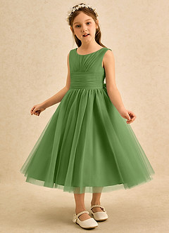 Azazie Macaron Robe Demoiselle D'honneur Fillette Robe Trapèze en Tulle Plissée Basilic image4