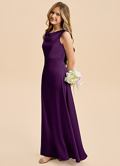 Azazie Kiki Junior Grape A-Line Bow Stretch Satin Dress image3