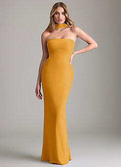 Azazie Lusinda Vestidos de madrinha de casamento Vestido Caramelo de Chiffon de sereia com Fora do ombro image1