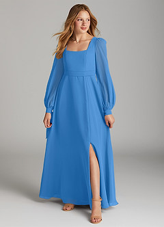 Azazie Leonia Junior A-Linie mit Taschen Chiffon Kleid Blauhäher image1